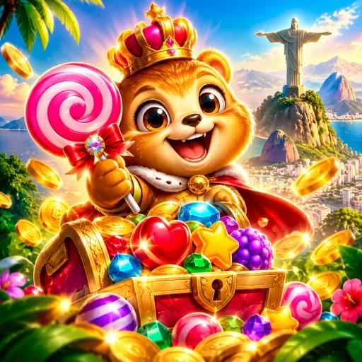 Card do slot Sweet Bonanza com doces coloridos e bombas de multiplicador